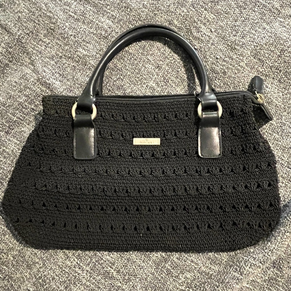 Minicci Black Woven Satchel Handbag Faux Leather Top Handle Purse